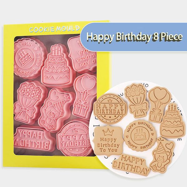 Baking Moulds 8 Pcs-set Cookie Cutters Plastic 3D Birthday Theme Cartoon Pressable Biscuit Mold Stamp Kitchen Pastry Bakeware 221122