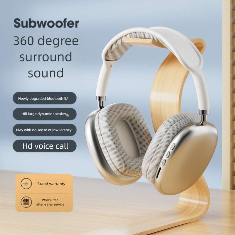 Wireless Bluetooth headphones with built-in heavy bass, noise reduction, and microphone. Featuring a metallic texture and a premium look