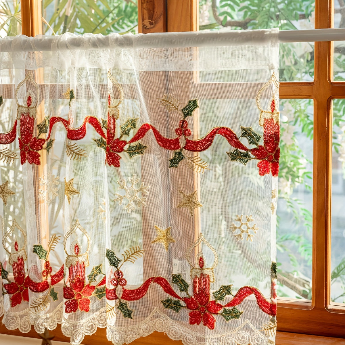 TEMU Vintage Embroidered Christmas Sheer Curtain With Rod Pocket - Semi-sheer Polyester Drapes For Living Room, Bedroom, Kitchen - Decorative Panels,