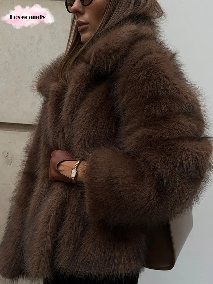 Winter Brown Lapel Warm Faux Fur Coat Fluffy Plush Long Sleeve Thick Short Jacket Chic Ladies High Street Outerwear