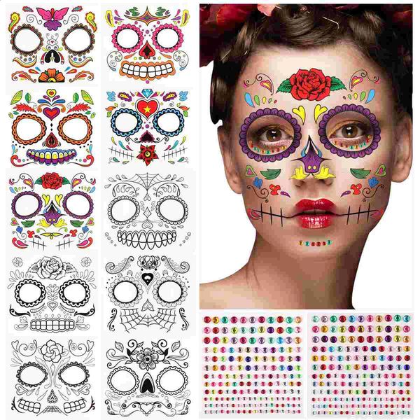 Unique Stickers Charming Face Tattoos with Gems The Cosplay Halloween Temporary 240813
