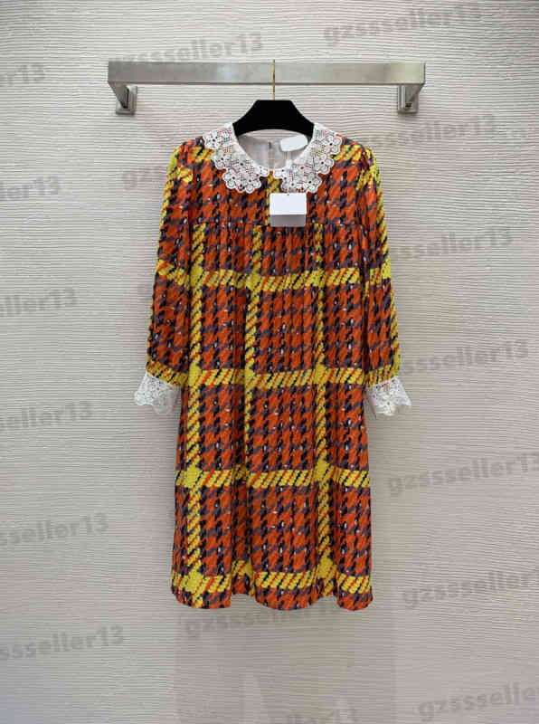 Brand Women Dress Fashion All-match Plaid Print Dresses Floral Doll Collar Loose Long Sleeve Dress Luxury Designer Womens Clothing Size S-XL 0912