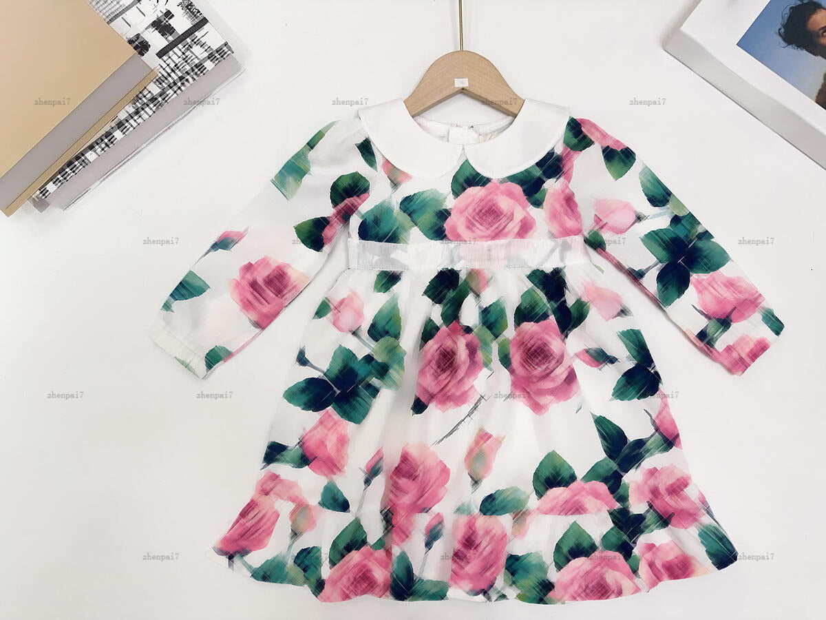 Top girls dress Long-sleeved lapel Princess dress kids designer clothes Multi-color flower print partydress baby skirt A222X06N051