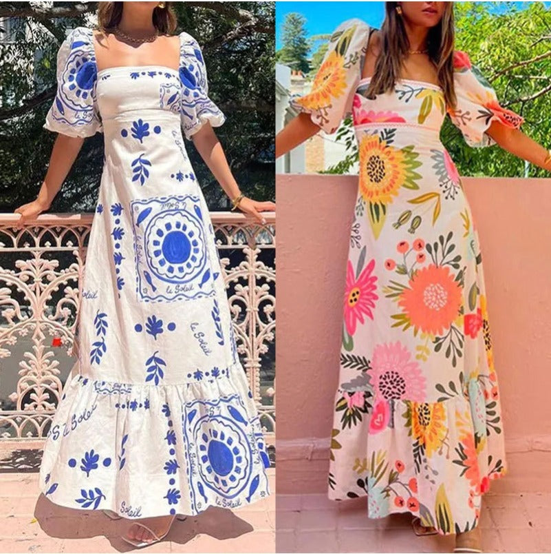 (591) European and American Women&#039;s Fashion One-shoulder Printed Bubble Short-sleeved Big Swing Skirt