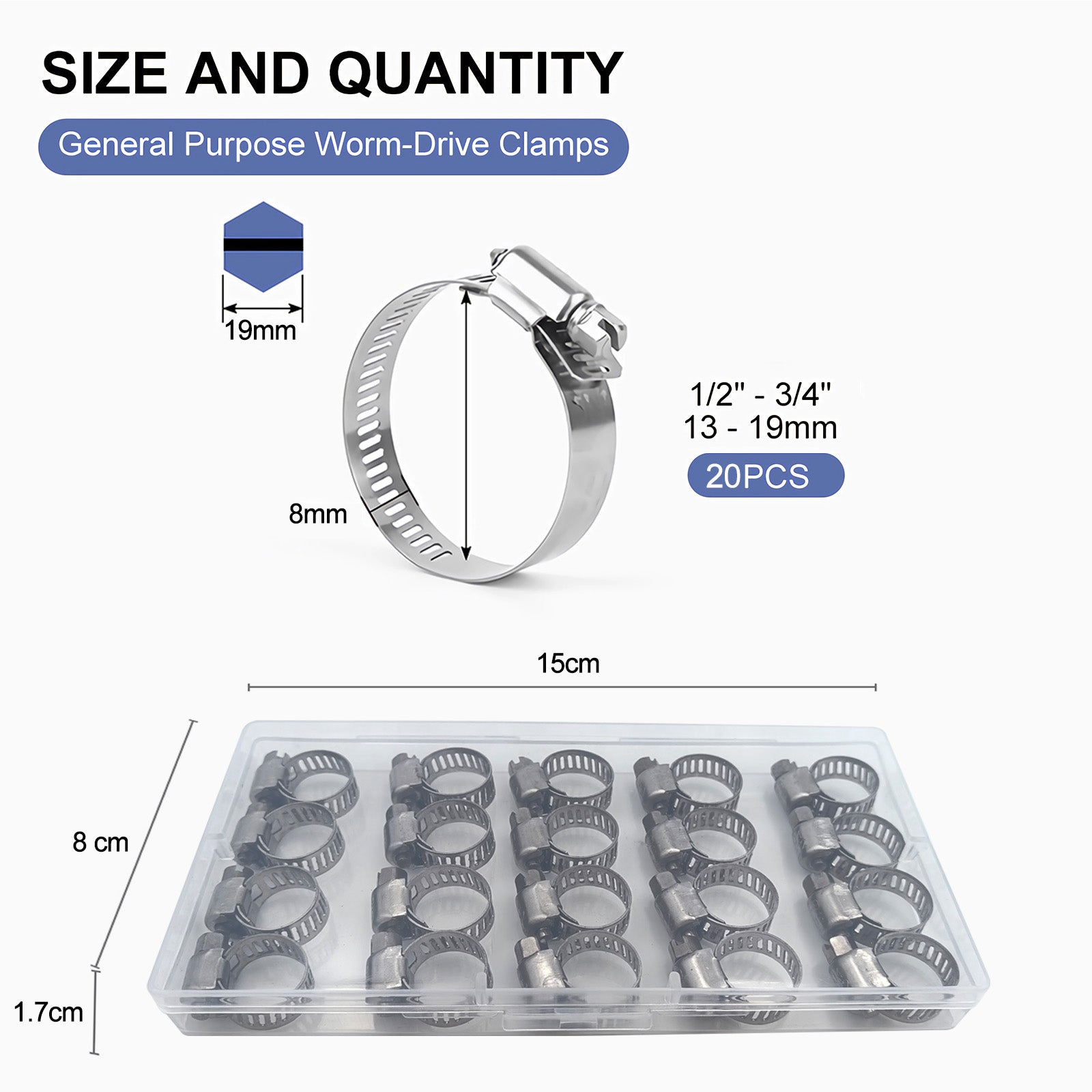 Hose Clamps 20PCS, Stainless Steel, Radiator Hose Clamps, Small Size Small Metal Pipe Set for Automotive,Plumbing,Intercooler