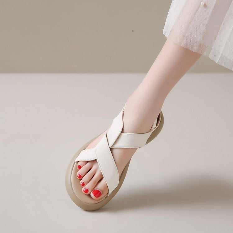 Thick soled Roman sandals for women 2024 new outfit, flat bottomed casual soft sole with a poop like feel, summer women&#039;s shoes