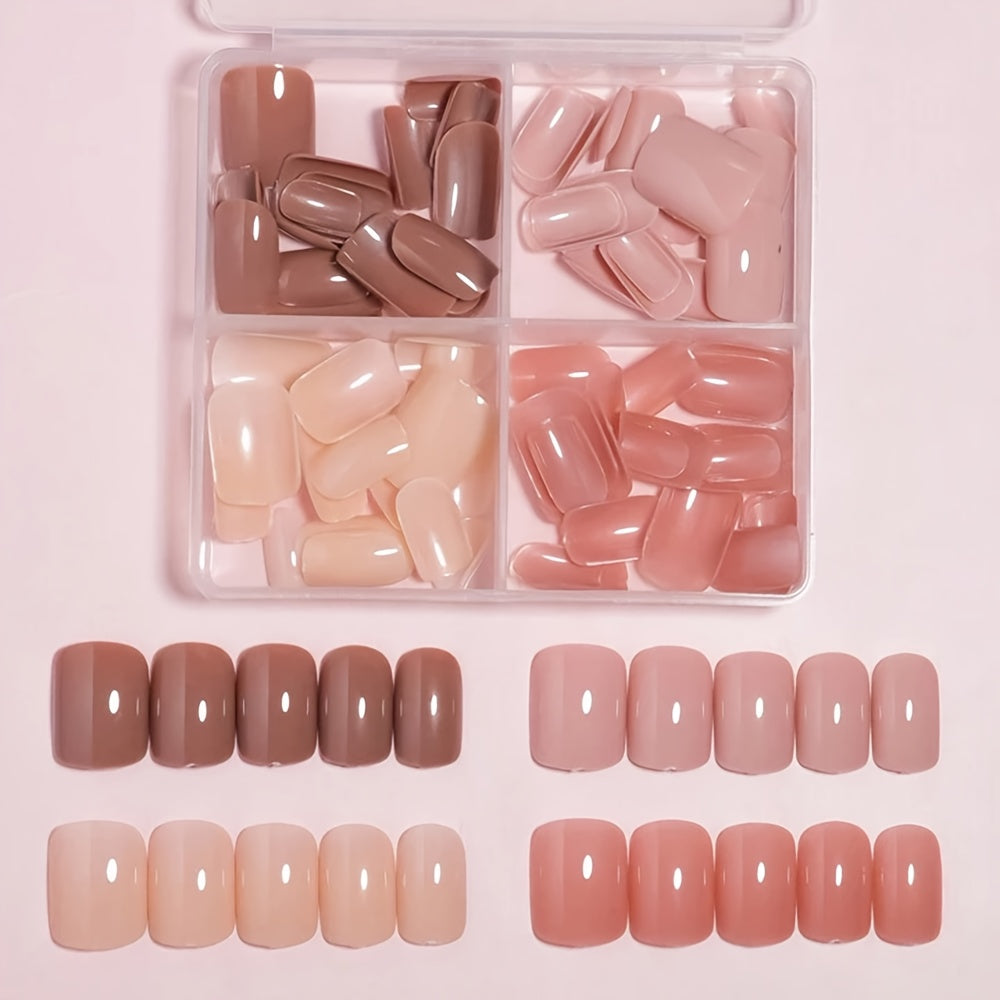 TEMU 96pcs (dark Nude-nude-cream-shrimp Pink) Short Square Press On Nails - Acrylic Full Cover Fake Nails With Glossy Finish, Easy Application &