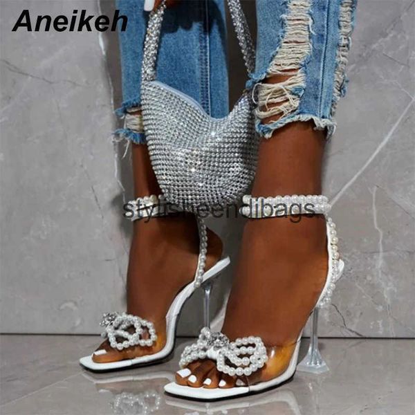 Dress Shoes Aneikeh 2025 Summer White Beaded High Heels Wedding Bow Narrowband Thin Square Party Sandals H241130
