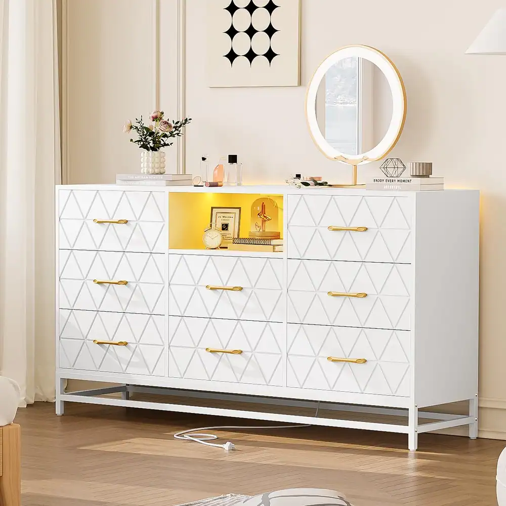 Garvee 8 Drawer Dresser for Bedroom, White Dresser with Led Light, 55 Inch Tv Stand Dressers with Power Outlet, Large Dresser Bedroom with Deep Drawer
