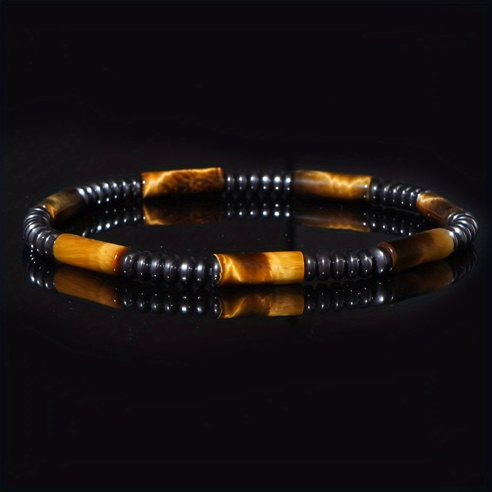 TEMU Vintage-inspired Men's Tiger Eye & Hematite Stretch Bracelet - Fashion Jewelry, Casual Attire & Special Occasions