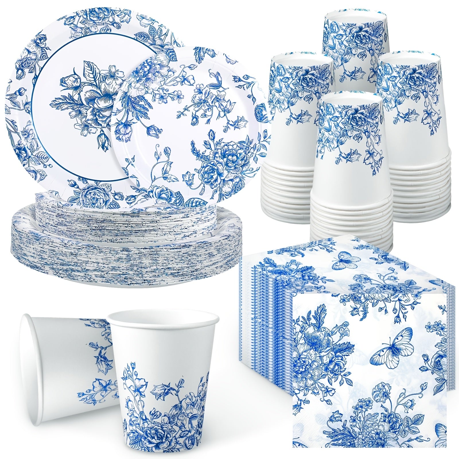 TEMU 200pcs Valentine's Day Party Blue And Disposable Tableware Set Serves 50 Guests Floral Paper Plates And Napkins Cups For Bridal Shower Birthday