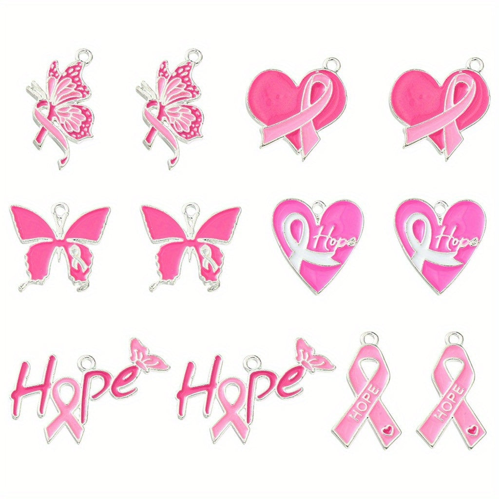 TEMU 12pcs 6 Styles Breast Pink Awareness Ribbon Theme Alloy Enamel Pendants, Heart-, Silvery, Pearl Pink, 19~25.5x14~32.5x1.5~1.6mm, Hole: 1.5mm,
