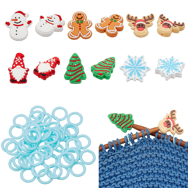 62Pcs 7 Styles Christmas Theme Silicone Focal Beads with 50Pcs Plastic Knitting Stitch Marker Rings