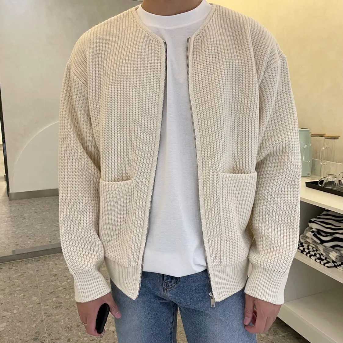 Knitted Sweaters for Men Round Collar with Pockets Man Clothes Plain Zip-up Jacket Cardigan Crewneck Solid Color Coat Zipper A SM240808