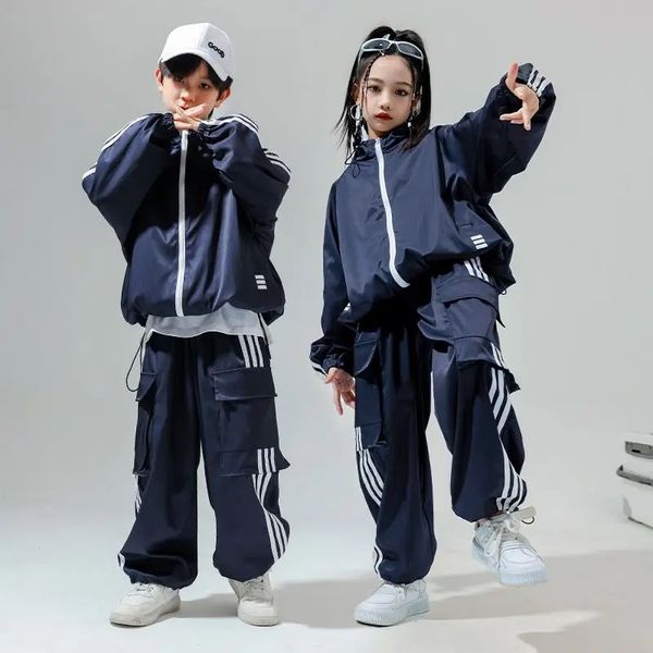 Meninos Roupas de hip-hop Street Dance Blue Sweater Calças Girls Jazz Dangue Clothing Hip-Hop Set Rave Wear 241122