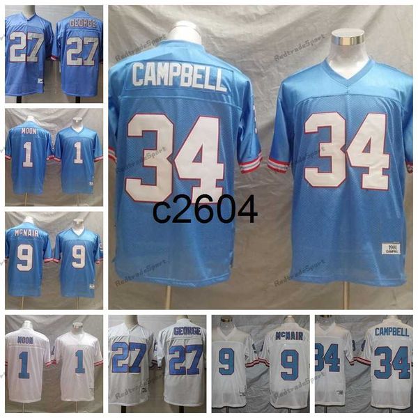 c2604 Vintage Mens 1980 Football Jerseys 1 Warren Moon 34 Earl Campbell 9 Steve McNair 74 Bruce Matthews Stitched Shirts embroidery BLUE 27