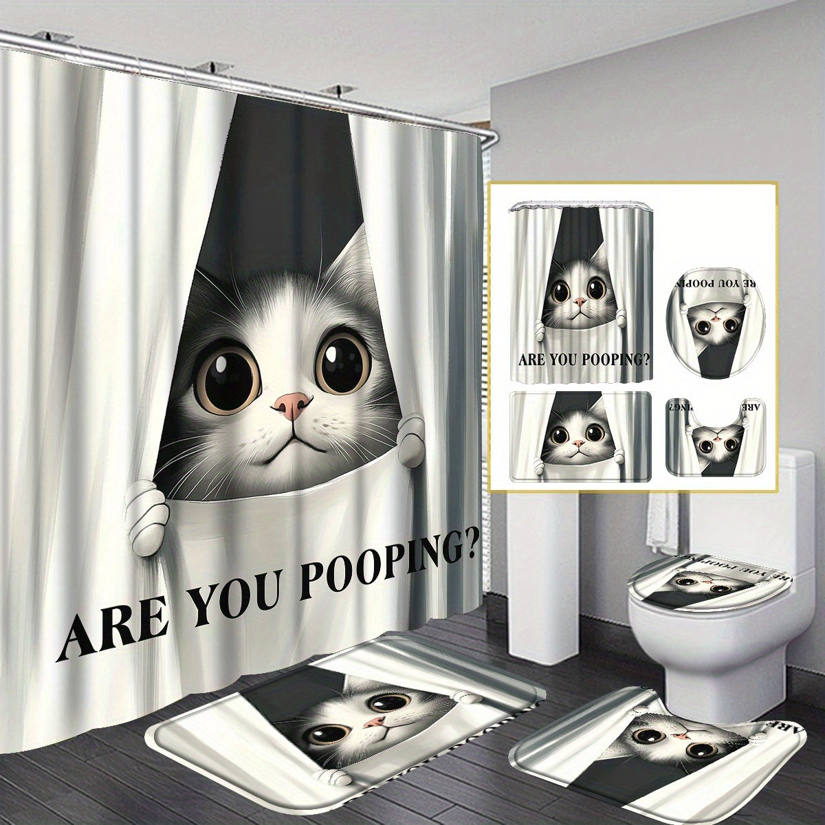 TEMU 4pcs Funny Cat Shower Curtain Set, Are You Pooping Kitty Retro Effect Funny Whimsical Humorous Joke , Waterproof Fabric Shower Curtain Set, With