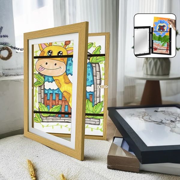 Wooden Chip Art Frame Magnetic A4 Po Frame DIY Childrens Painting Exhibition Home Decoration Storage Rack 240929