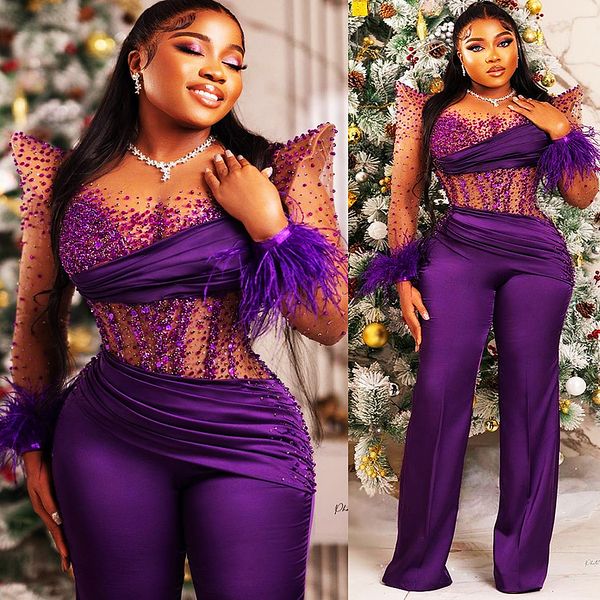 2023 Arabic Aso Ebi Purple Jumpsuits Prom Dresses Beaded Feather Evening Formal Party Second Reception Birthday Engagement Gowns Dress