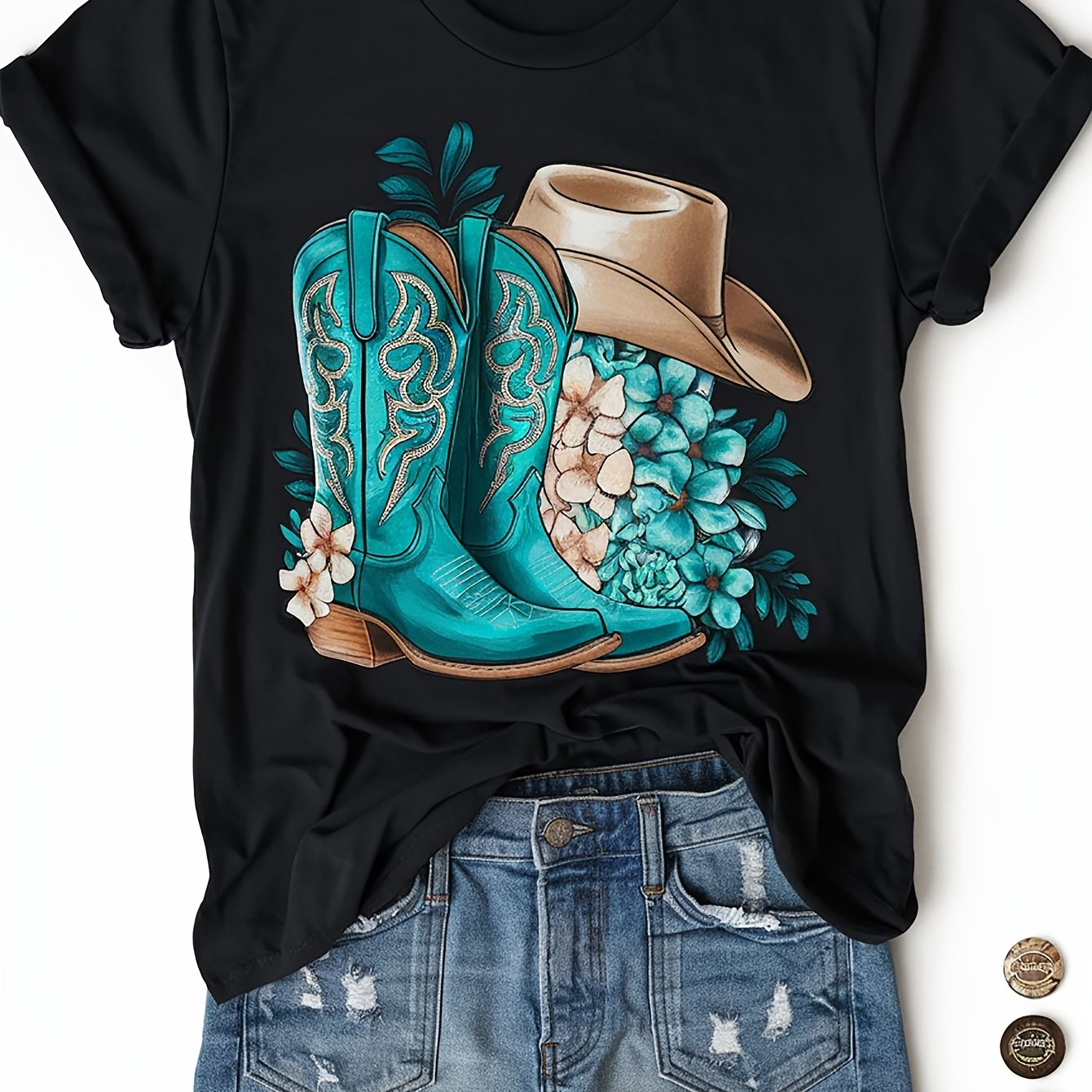 TEMU New Arrival Spring Summer Women's Comfortable Pattern Print Black Washed T-shirt, Loose Round Neck Short Sleeve