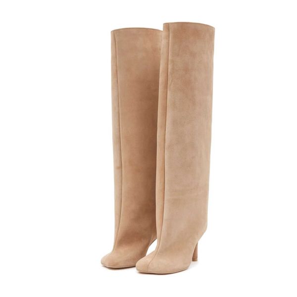 Boots Boots Womens Nude Suede Knee High Boots Square Toe Wide Calf and Foot Pull On Stiletto Heels Fashion Dress Tall Riding Boots Ladies Q2