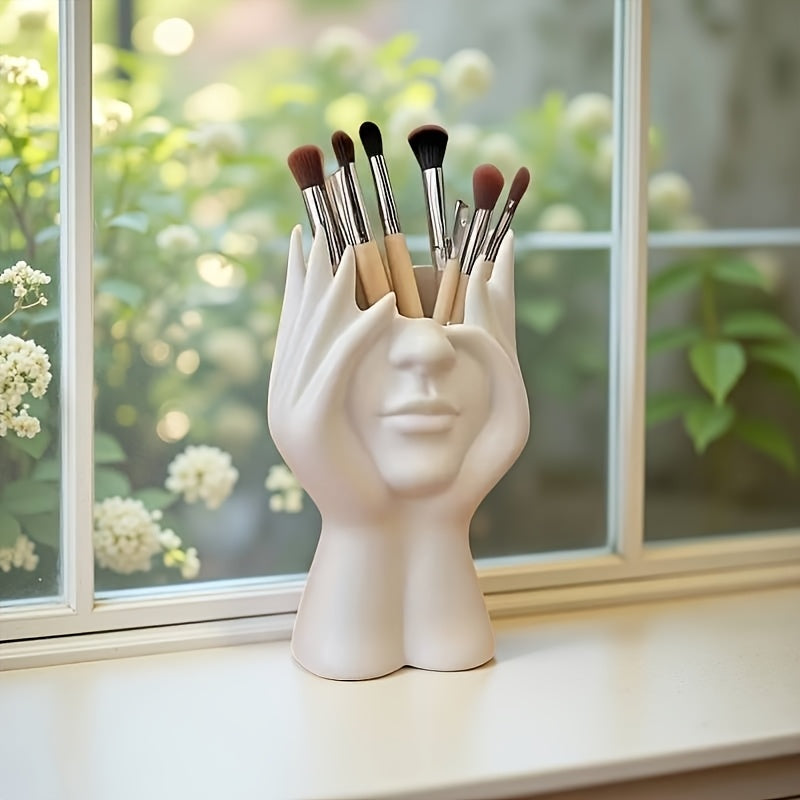 TEMU 1pc Cute Creative Facial Makeup Bucket - Hand-shaped Makeup Brush Holder, Lightweight Portable Desktop Organizer For Bathroom Vanity & Dressing