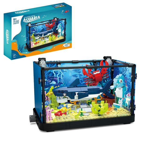 Fish Tank Block Set with Lights Aquarium Marine Life Shark Eco Tank Block Playset for Kids 6+ Years Gift for Ocean Lovers Z241223