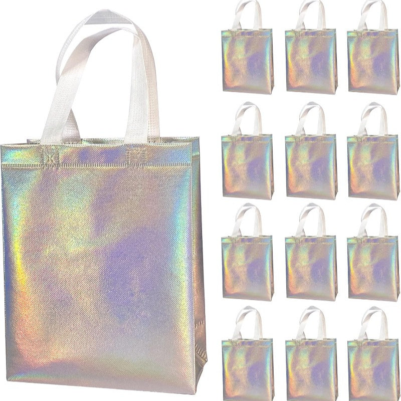TEMU 12pcs Iridescent Rainbow Reusable Non-woven Gift Bags With White Handles - Perfect For Parties, Shopping, And Celebrations, Shopping Tote Bags |