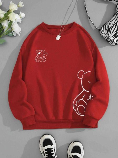 Women&#039;s Hoodies Sweatshirts Kawaii OK Teddy Bear Printed Womens Classic Retro Fashion Hoodie Flce Warm Casual Clothing Loose Sports Shi
