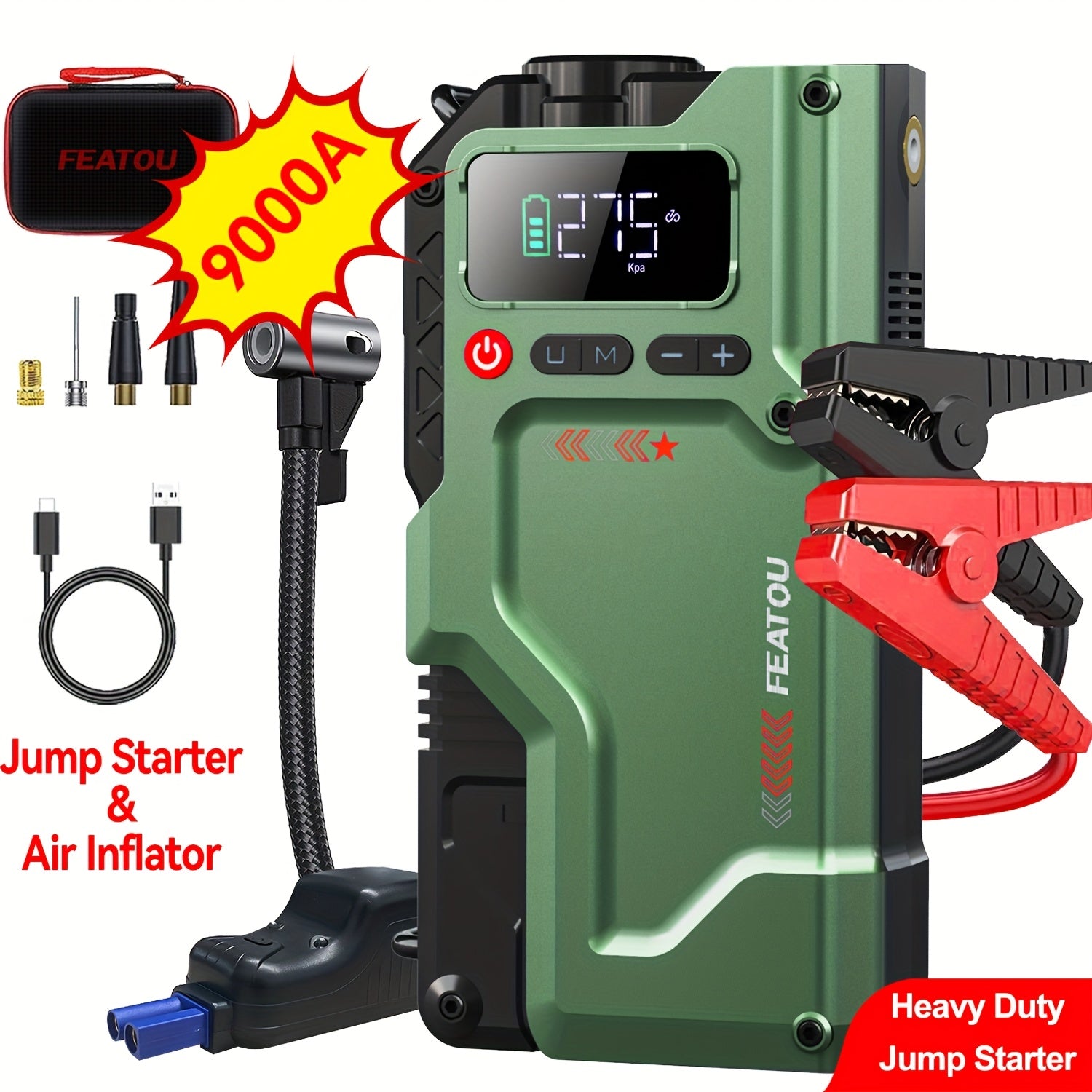 TEMU Jump Starter With Air Compressor 5in 1 Jump Starter, 9000a Heavy Duty Jump Starter (for 10l 9.0l Diese)battery Charger With Intelligent Safety