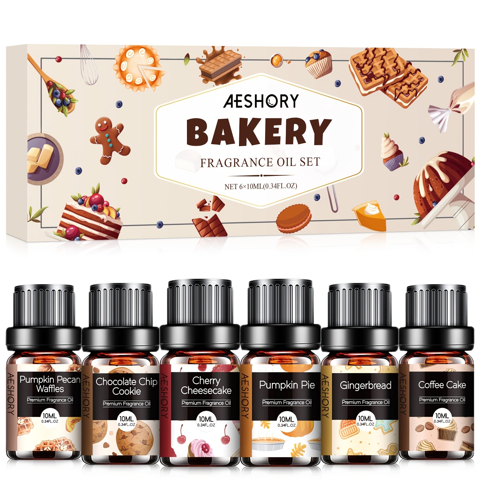 TEMU 6x10ml Bakery Essential Oils Set - 6 All-purpose Fragrance Oils For Diffusers, Candles, Home | , , Gingerbread, Cherry Cheesecake, & Chocolate