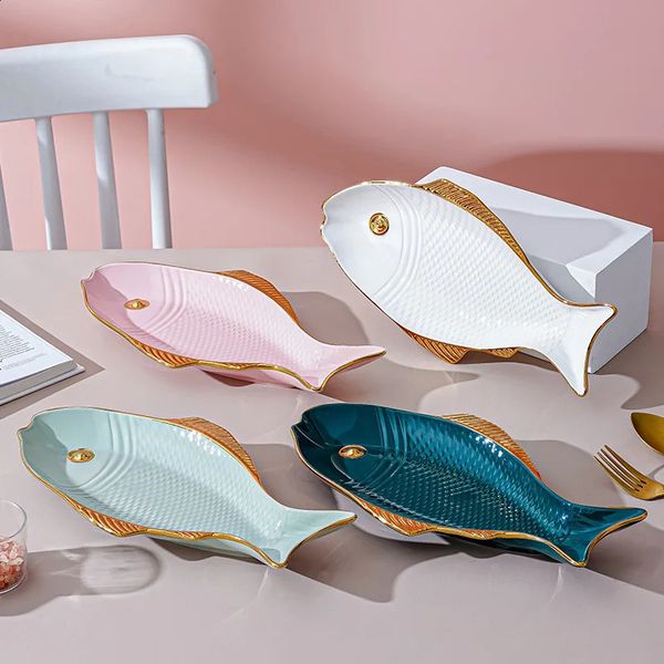 Golden edged green creative fish shaped porcelain plate for home salad dessert long kitchen utensils 240902