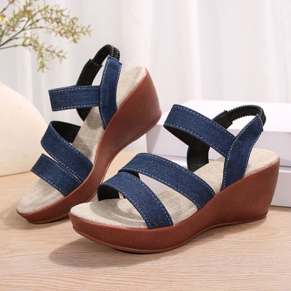 Footwear Women&#039;s Summer Fish Mouth Wedges Blue Denim Women Shoes Casual Roman Sandals Platform Back Elastic Band Sandale Femme c98c