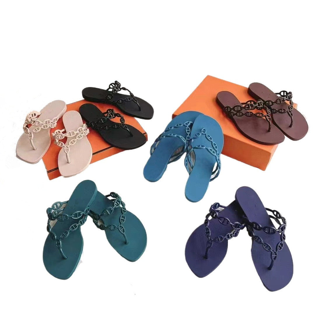 Women Slippers Hot Sale Multicolor Flat Flip-Flops Slippers Sandals Lady Fashion Metal Beach Slides for Summer Girls 35-41