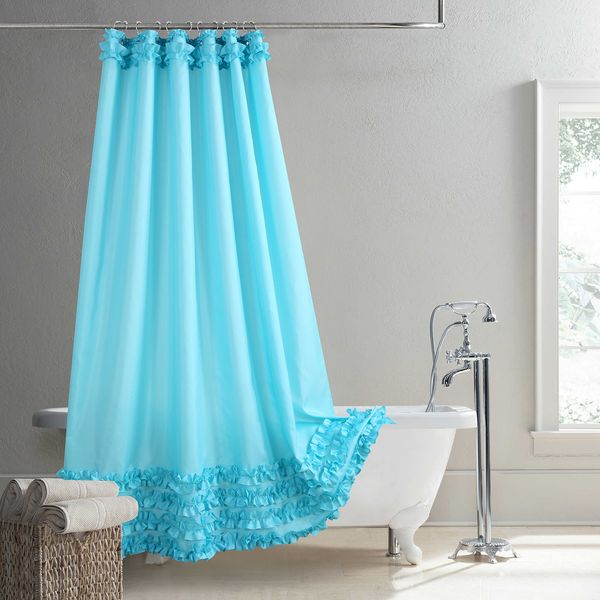 Shower Curtains Ruffled Blue Modern Polyester Waterproof Fabric Solid Decoratived Farmhouse Shower Curtain 230322