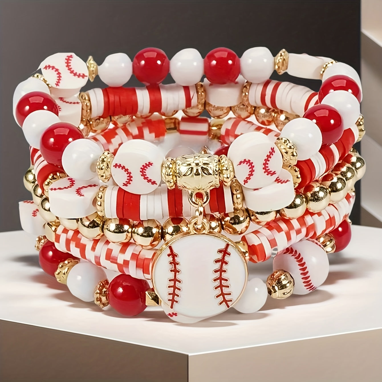 TEMU 5pcs Boho-chic Baseball-inspired Beaded Bracelet For Women - Colorful Resin Beads With Golden-tone , Casual Attire & Sports Enthusiasts