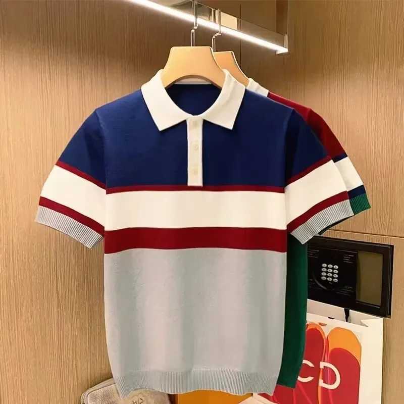 New Summer Mens Polo Shirt Lapelpolo Cotton Line Color Block Striped Collar T-shirt Short Sleeves Korean Fashion LightweightX240920