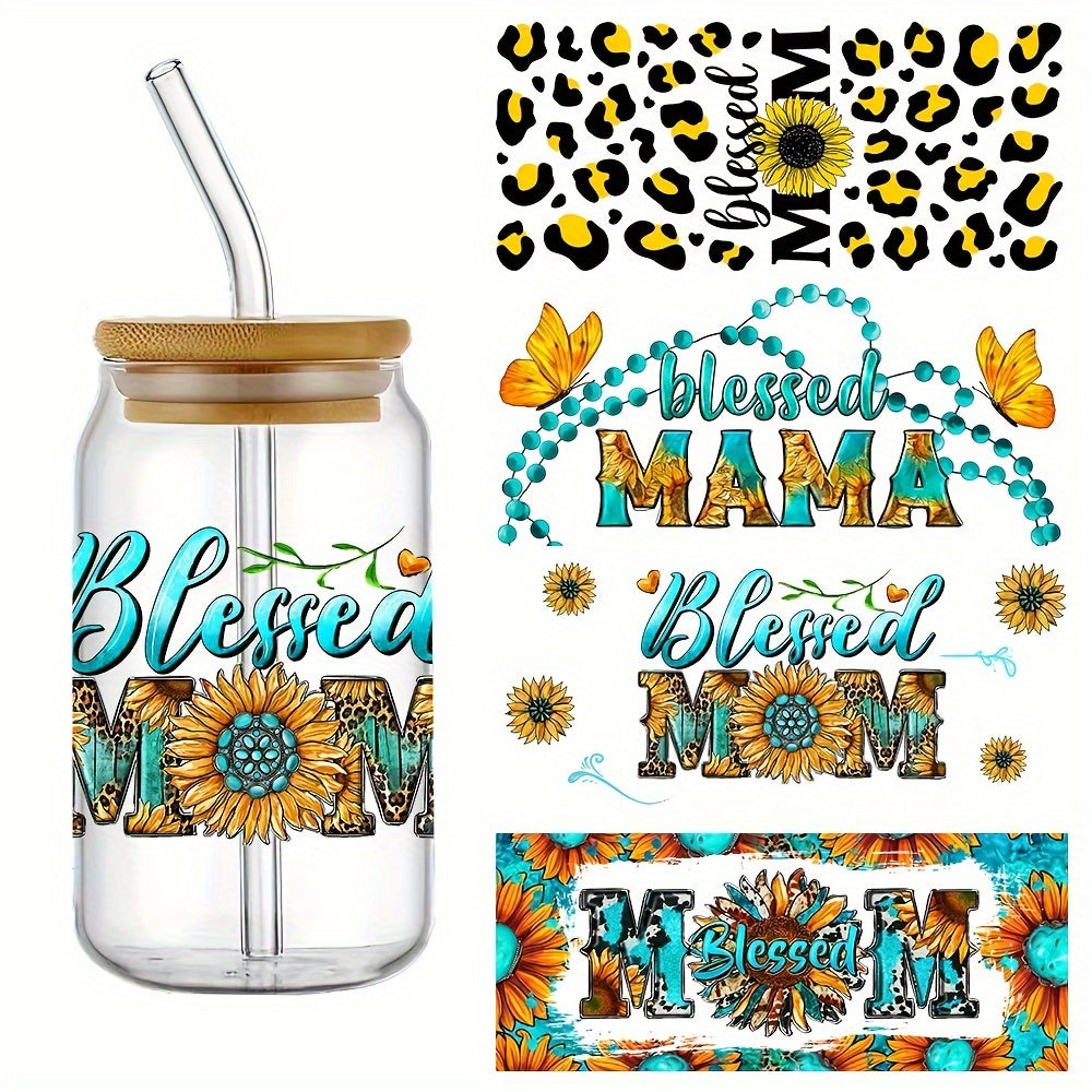 TEMU 4pcs-set Blessed Mom Uv Dtf Cup Wraps Decals Printing Self-adhesive Stickers, Dtf Transfer Stickers For 16oz Glass Cups, Waterproof And Scratch