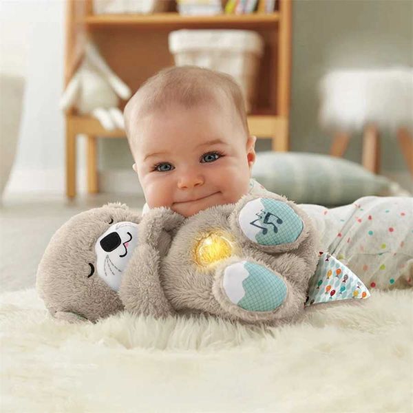 Plush Dolls Breathing Bear Baby Soothing Otter Plush Doll Toy Baby Kids Soothing Music Baby Sleeping Companion Sound and Light Doll Toy Gift
