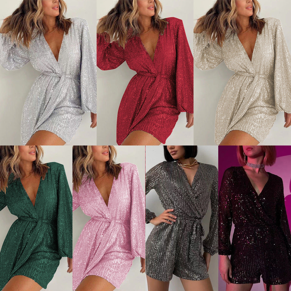(539) New style holiday party fashion sequin long sleeve dress jumpsuit shorts