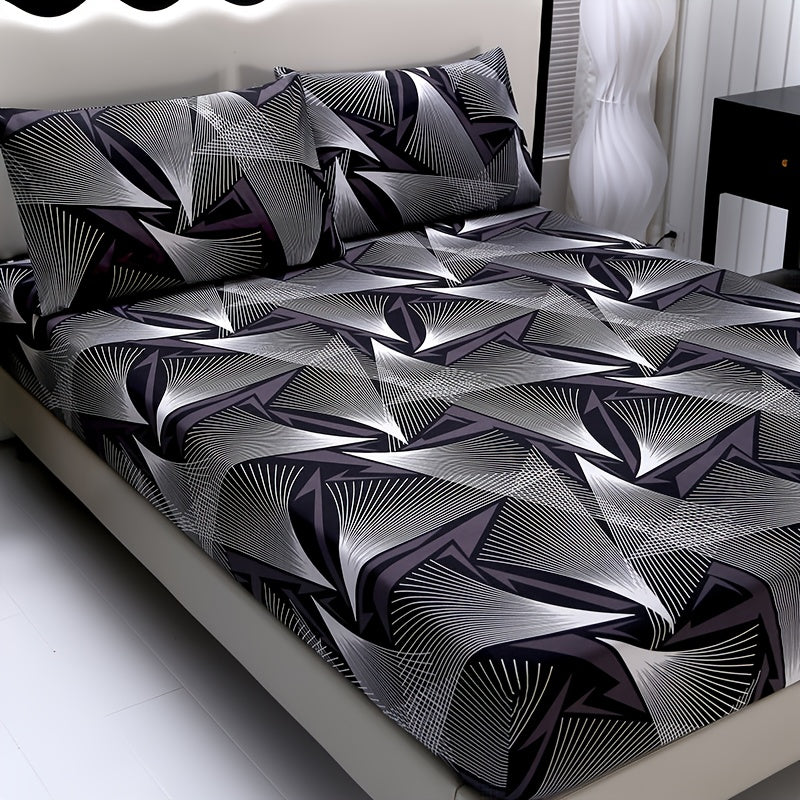 TEMU 3pcs Fitted Sheet Set - Premium Brushed Soft-comfortable Geometric Hotel Bedding, 1pc Flat Sheet + 2 Pillowcases, No Fill, Hotel , Home Bedroom