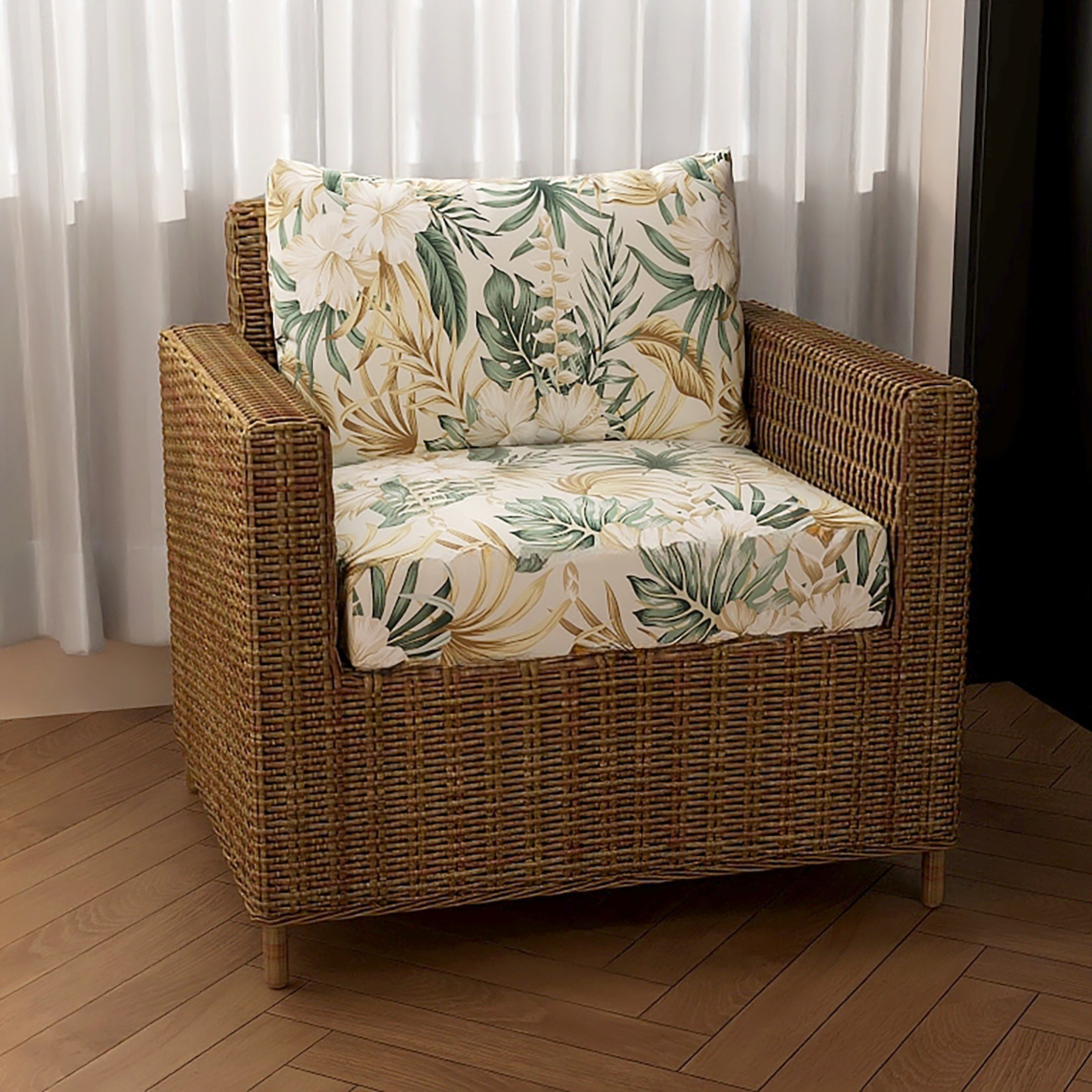 TEMU 2pcs Tropical Leaf Print Stretch Sofa Cushion Set - Green & Beige Palm Leaf Design, Elastic Polyester Blend Indoor-outdoor Furniture Covers With