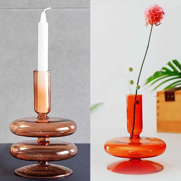 Creative Round Two-Layers Glass Candlesticks Nordic Crystal Flower Vase Home Decoration Art Crafts Bedroom Table OrnamentC241029