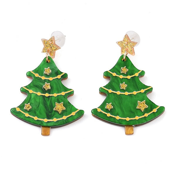 Boucles d'oreilles pendantes en acrylique avec étoile scintillante et arbre de Noël