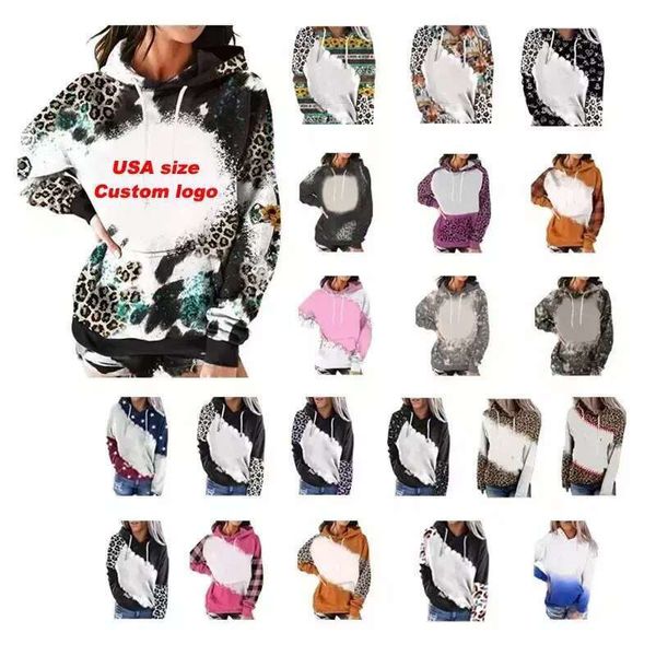 Leopard Grain Wholesale Adults Bleach Sweatshirts 100% Polyester Sublimation Blank Faux Bleached Hoodies Printable Tie Dye Pullover Sweater