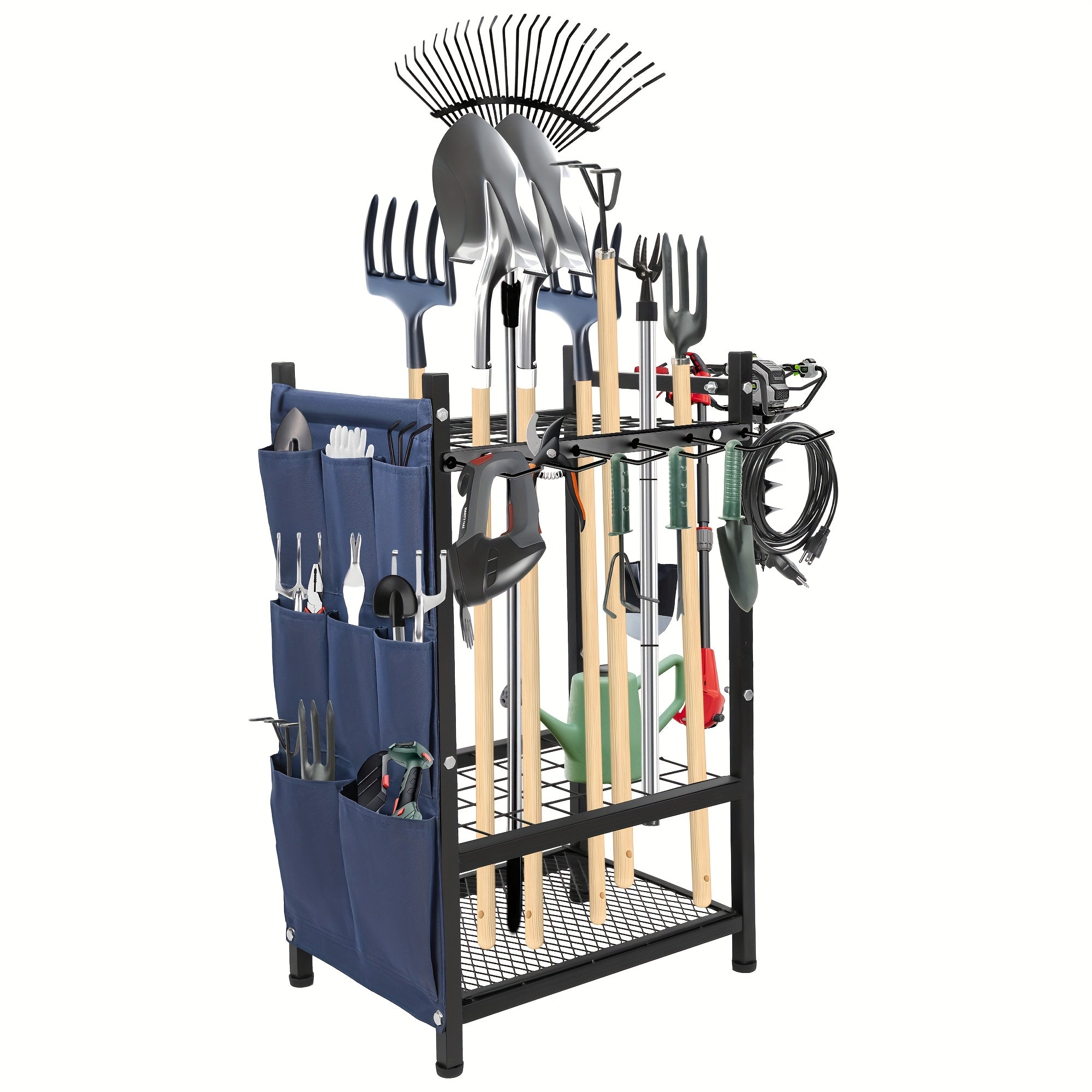 TEMU Heavy-duty Metal Garden Tool Organizer Rack With Storage Bags - 35-inch Long-handled Tool Holder For Broom, Shovel, Rake - 3-tier Outdoor Garage
