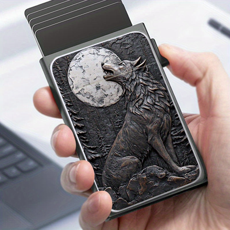 TEMU 1pc Black Wolf Relief Pattern Thin Wallet Pop-up Card Holder Trendy Card Wallet And Metal Card Box, Used And Debit Cards Bank Cards, Position