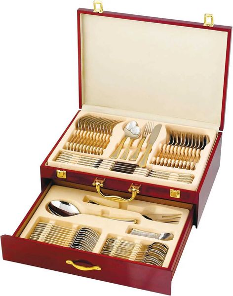 75 piece luxury gold tableware set suitable for 12 w-wooden storage boxes 24 kt galvanized premium dining tableware service 18-10 surgical s