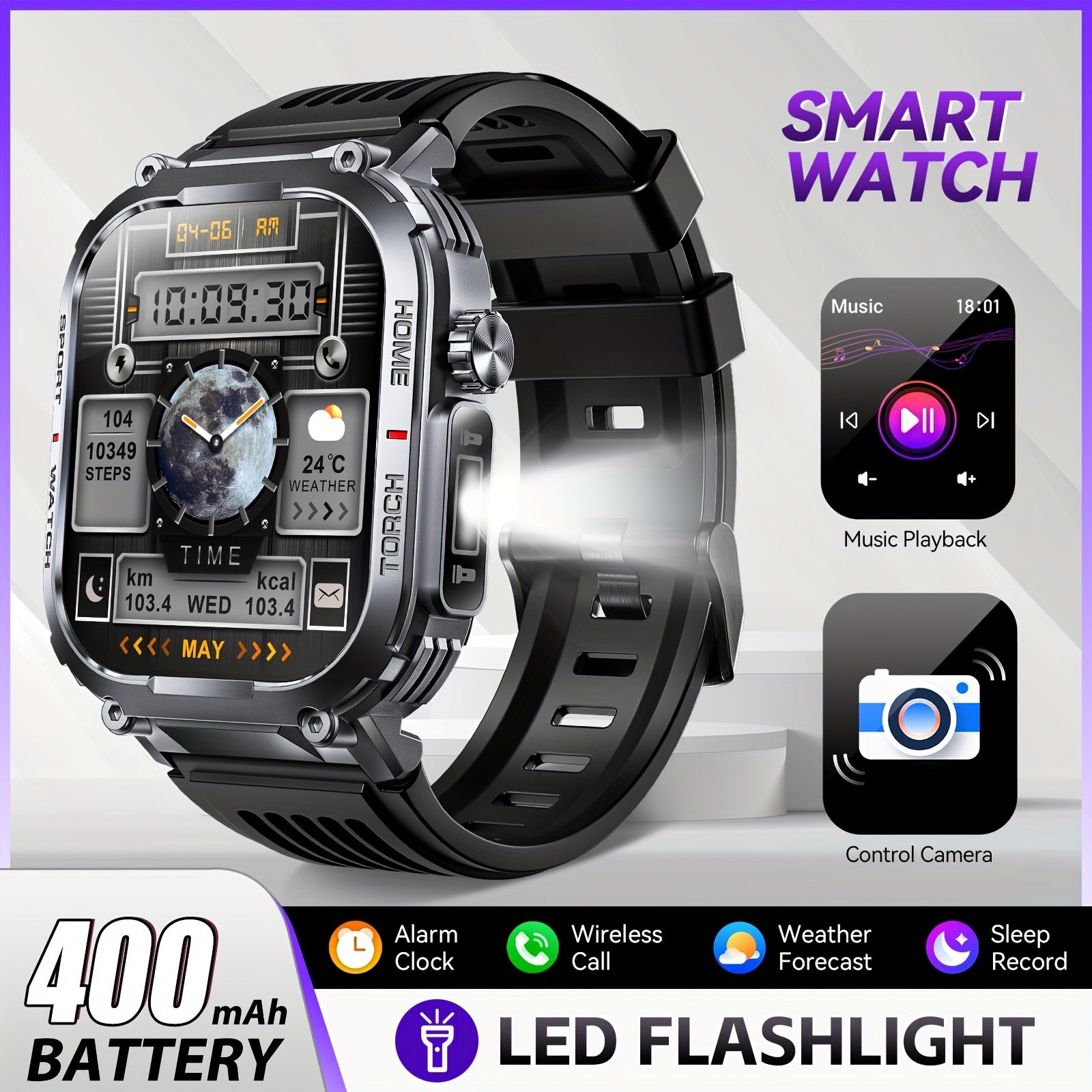 TEMU Jelloo Smart Watch For Men, Sports Smartwatch With Led Lights, 2.02-inch High- Large Screen, 400mah Large Capacity Battery, Supports Multiple