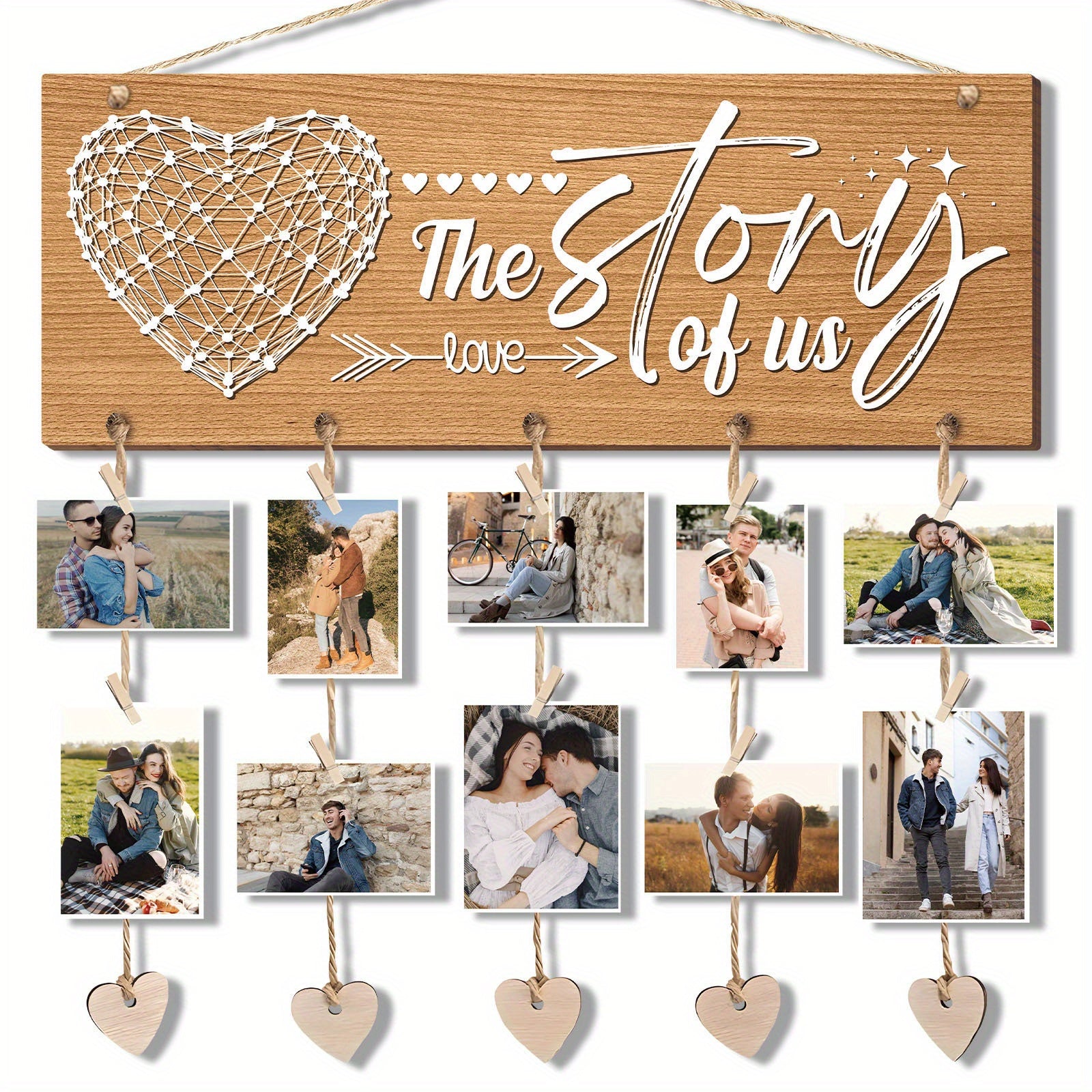 TEMU 1 Set Wooden Hanging Photo Frame With Heart-shaped Clips - " Us" Design, Ideal For Couples - Perfect Gift For Birthdays, Anniversaries,